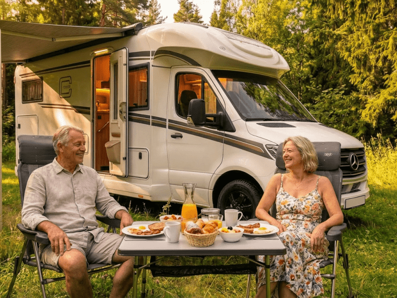 Open the side door  to the livingspace  and open the awning  Make the lighting a bit warmer  1